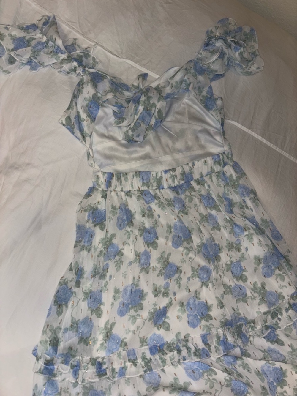 Altar'd State Blue and Cream Floral Ruffle Midi Dress - Picture 3 of 6